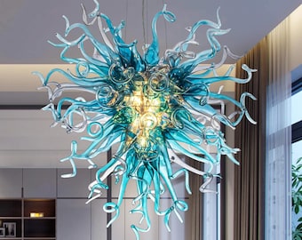 Blue Hand Blown Glass Chandelier, Chihuly Style Art Glass Pendant Light, Modern Murano Glass Ceiling Light, Luxury Nautical Home Decor