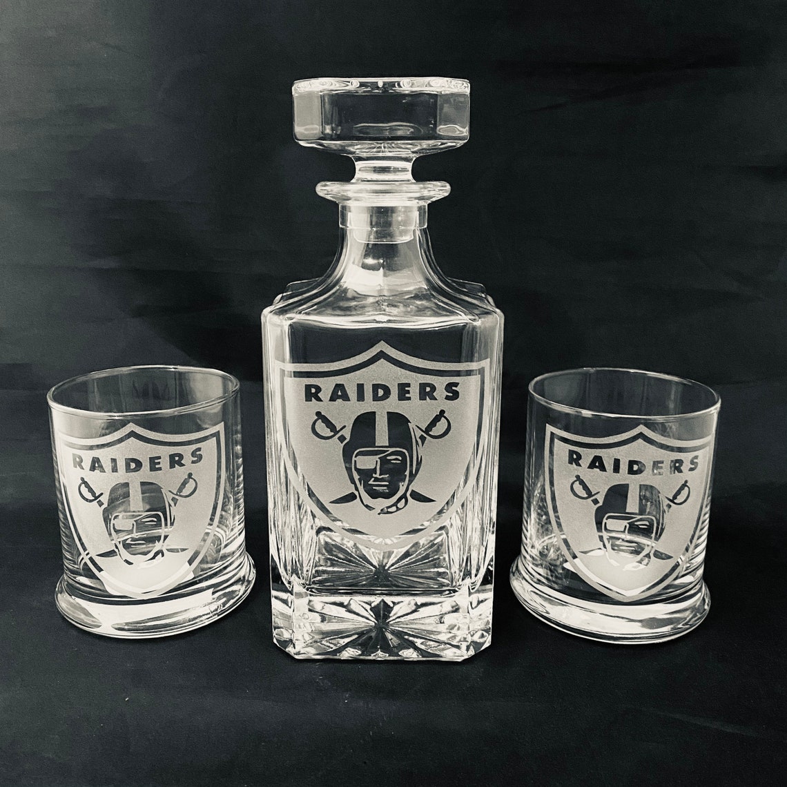 Raiders Custom Etched Decanter with 2 Whiskey Glasses. Free Etsy