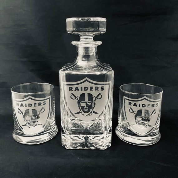 Raiders Custom Etched Decanter with 2 Whiskey Glasses. Free Etsy