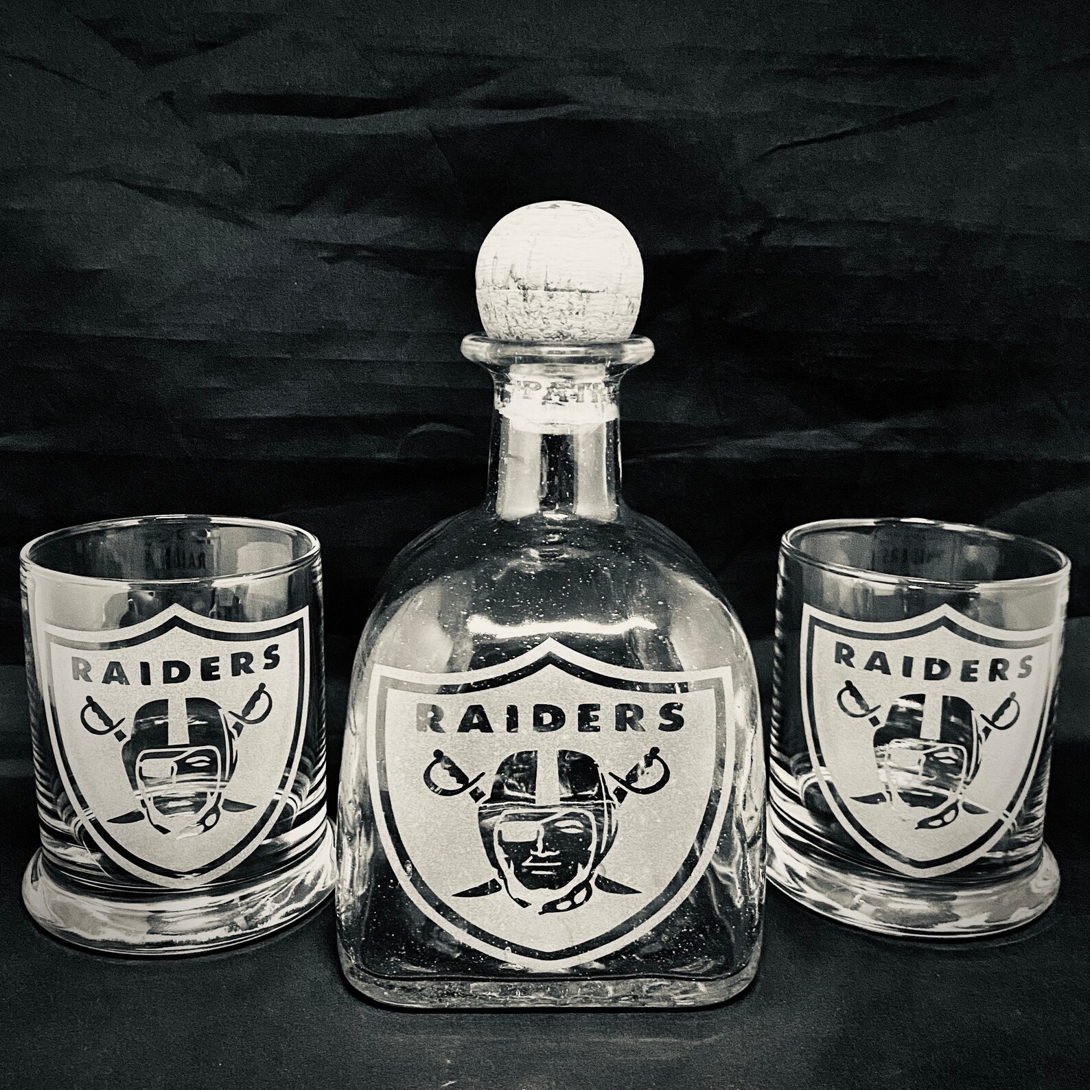 Raiders Custom Etched Patron Bottle Decanter with 2 glass set. Etsy