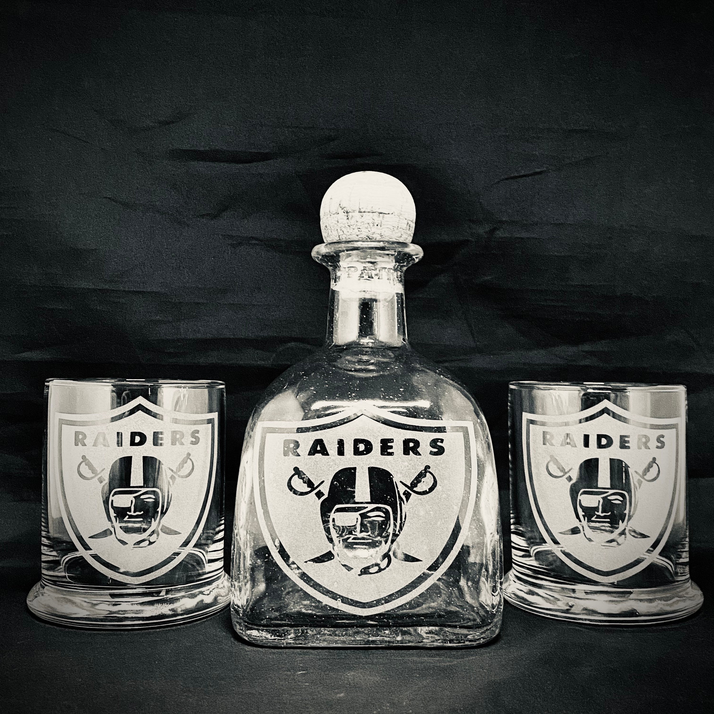 Raiders Custom Etched Patron Bottle Decanter with 2 glass set. Etsy