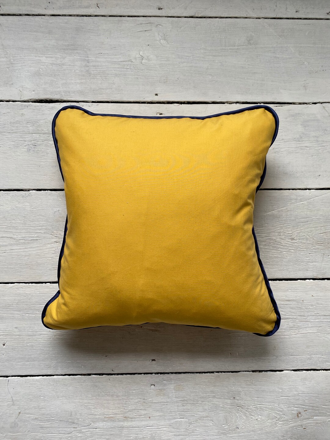 Plain Yellow Cotton Cushion Cover With Dark Blue Satin Piping Etsy