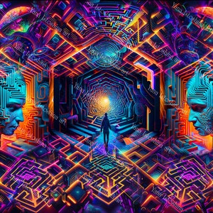 サイケデリックな UV 活性トリッピータペストリー、蛍光ビジョナリーアート、ラビリンス - 光るサイケデリックなウォールアート | ブラックライト反応迷路装飾