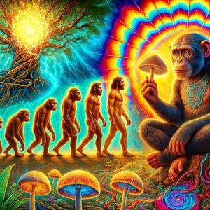 Può includere: Un'illustrazione psichedelica che rappresenta l'evoluzione degli umani, con una scimmia che tiene un fungo in primo piano. Lo sfondo presenta un grande albero con una luce brillante che emana dal suo centro, circondato da un'aura colorata. L'immagine è piena di colori vivaci e dettagli intricati.