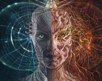 Arte visionario psicodélico - Impresión en lienzo de la dualidad cibernética y natural - Arte futurista y orgánico
