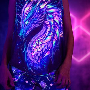 UV reactive Women Top with Psychedelic Dragon | Glowing Party Outfit | Trippy Blacklight reactive Rave Clothing