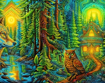 UV active psychedelic Backdrop, Psytrance Decor with Dense Forest, Wolf and Owl, Neon Festival Visionary Art | Radiant Tapestry