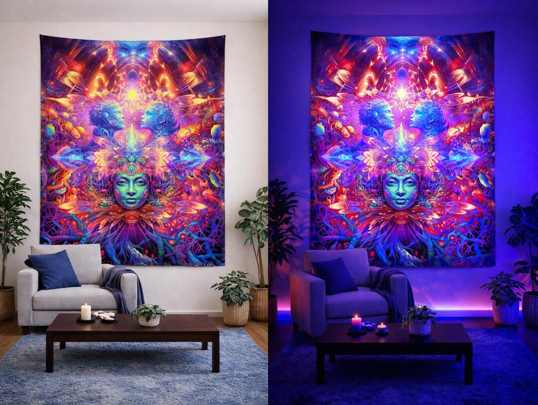 UV Reactive Tapestry: Psychedelic Cosmic Lovers, Blacklight Art - Etsy