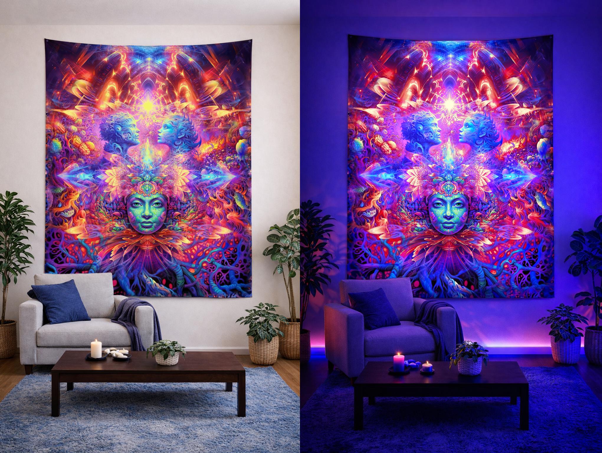 UV Reactive Tapestry: Psychedelic Cosmic Lovers, Blacklight Art - Etsy