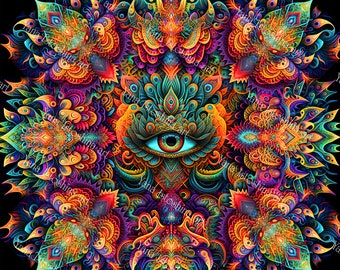 May include: A vibrant, symmetrical digital art piece featuring a central eye motif surrounded by intricate, colorful patterns. The design incorporates shades of blue, orange, yellow, and purple, creating a psychedelic and detailed visual experience. The artwork is set against a black background.