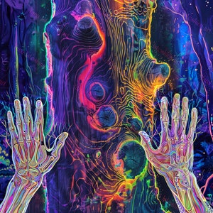 Leuchtender UV-reaktiver Wandteppich, Psychedelische Kunst Wanddekoration, Visionäre Kunst Schwarzlicht Neon Hintergrund, Hände verbunden mit dem Baum, Energiekunst