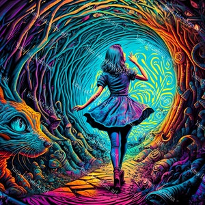 Alice in Wonderland psychedelic UV tapestry | Trippy Neon Glowing in Blacklight | | Psychedelic Party Festival Decor