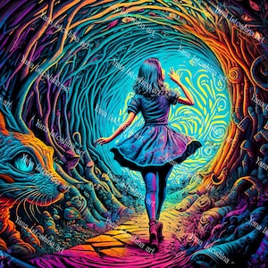 Alice in Wonderland psychedelic UV tapestry | Trippy Neon Glowing in Blacklight | | Psychedelic Party Festival Decor