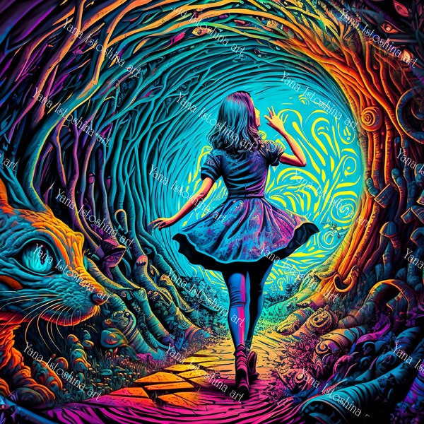 Tapisserie UV psychédélique d'Alice au pays des merveilles | Trippy néon lumineux à la lumière noire | | Décoration de fête psychédélique