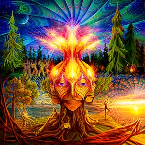 Abgefahrener psychedelischer Wandbehang mit Fraktalen Elementen | UV-Reaktives Dreifaltigkeitsbild - Leuchtende fantasievolle Kunst mit Baum des Lebens und kosmischer Energie