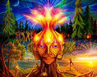 UV Reactive Psychedelic Tapestry: Trinity Tree of Life Art