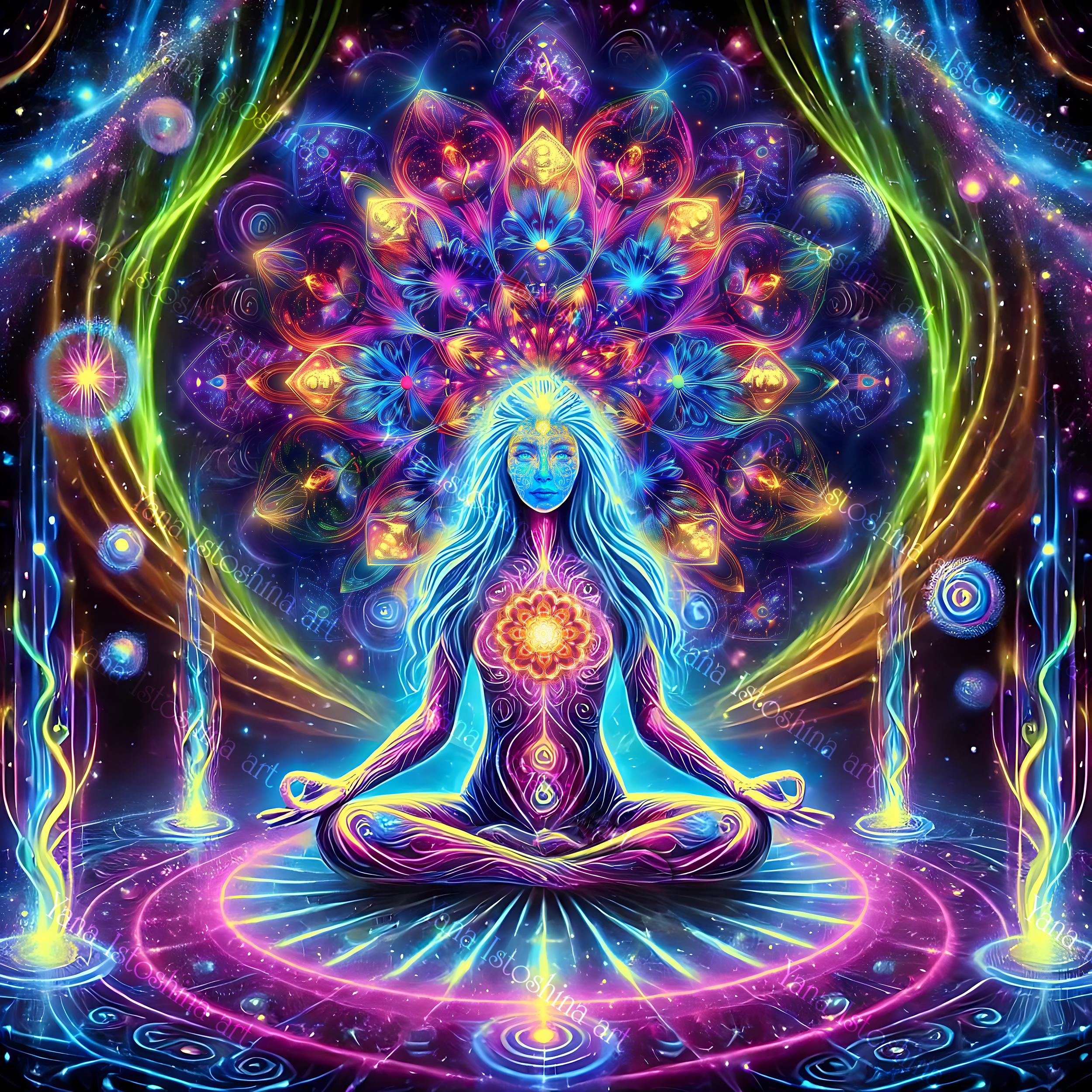 Blacklight Tapestry: Cosmic Meditation Mandala, UV Reactive Wall