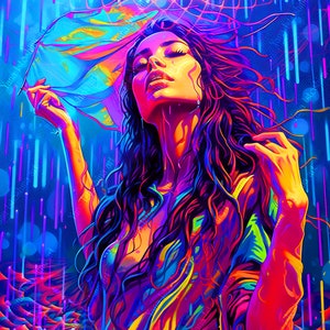 Blacklight Backdrop with Woman, Psytrance Decor, UV active, Psychedelic Tapestry, Fluorescent Visionary Art, Neon Festival Art