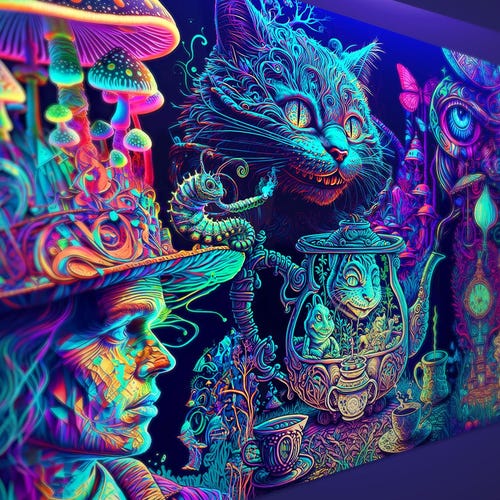Alice in Wonderland Tapestry: Psychedelic Blacklight Neon Wall Art