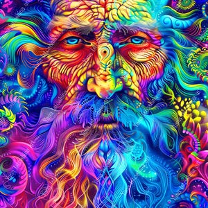 Psychedelischer UV Reaktiver Wandbehang mit Fraktal Porträt eines Weisen alten Mannes, Schwarzlicht leuchtender Fraktal Hintergrund, Psytrance Trippy Dekor