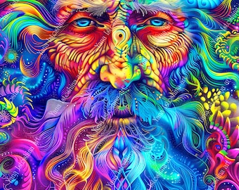 Tapisserie réactive aux UV : vieil homme fractal psychédélique, art lumière noire