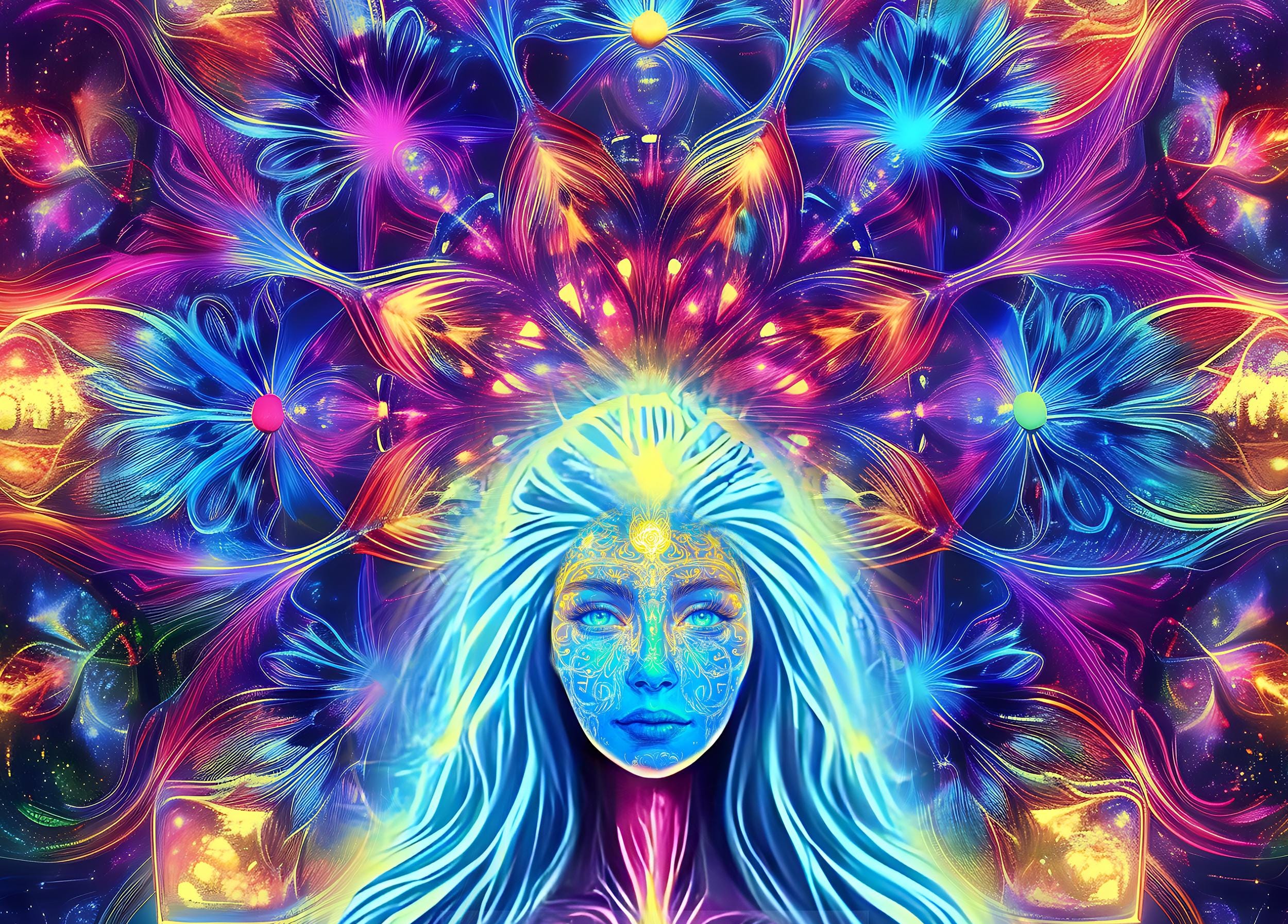 Blacklight Tapestry: Cosmic Meditation Mandala, UV Reactive Wall