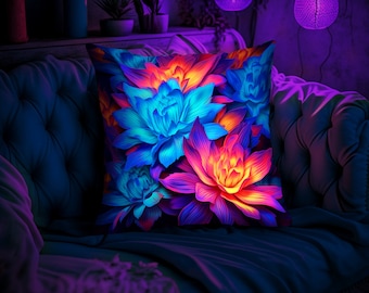 Neon leuchtender UV-aktiver Kissenbezug | Psychedelisches Kissen | Boho Kissen | Trippy Kissen | Psychedelisches Blumenkissen