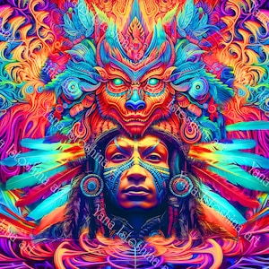 Shamanic Totem Spirit Psychedelic UV Tapestry – Glowing South American Tribal Wall Art | Blacklight Reactive Spiritual Decor Backdrop