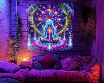 Blacklight Tapestry: Cosmic Meditation Mandala, UV Reactive Wall Art