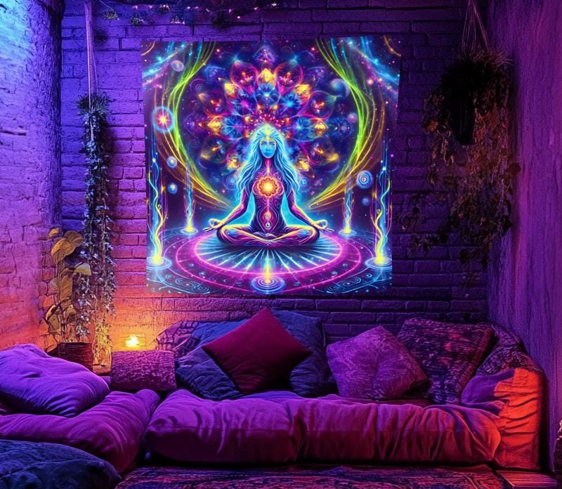 パネルアート Alchemy of the Core Blacklight Tapestry: Cosmic Meditation Mandala, UV Reactive Wall