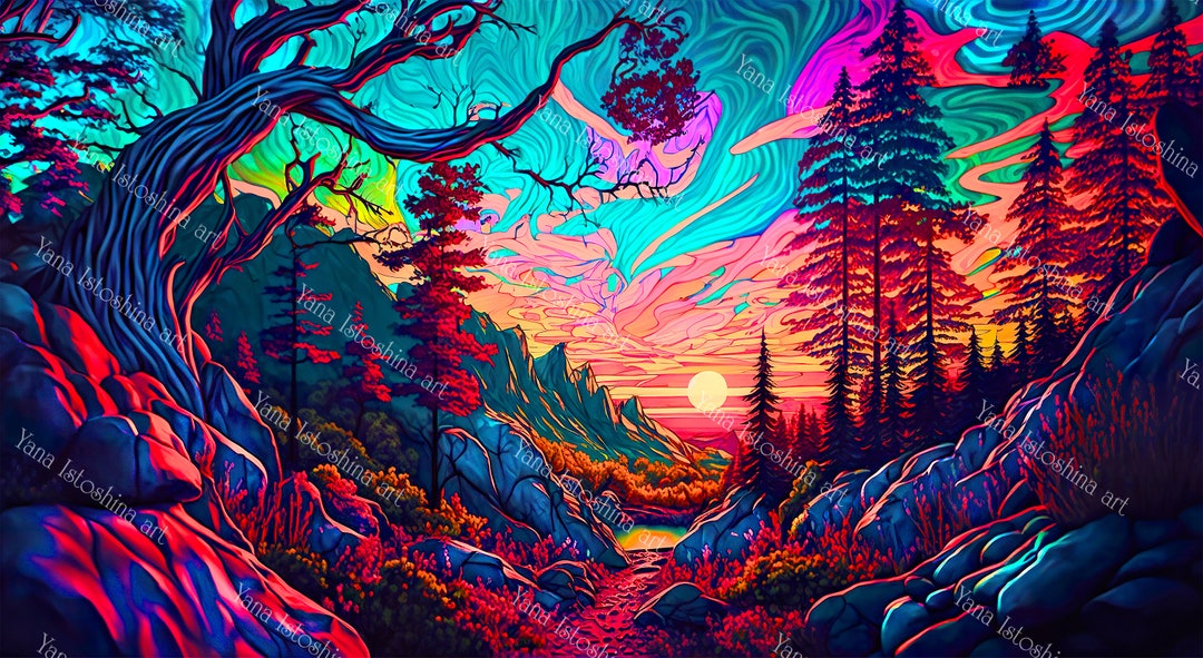 UV Reactive Tapestry: Psychedelic Sunset Forest, Blacklight Art