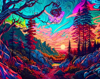 UV Reactive Tapestry: Psychedelic Sunset Forest, Blacklight Art