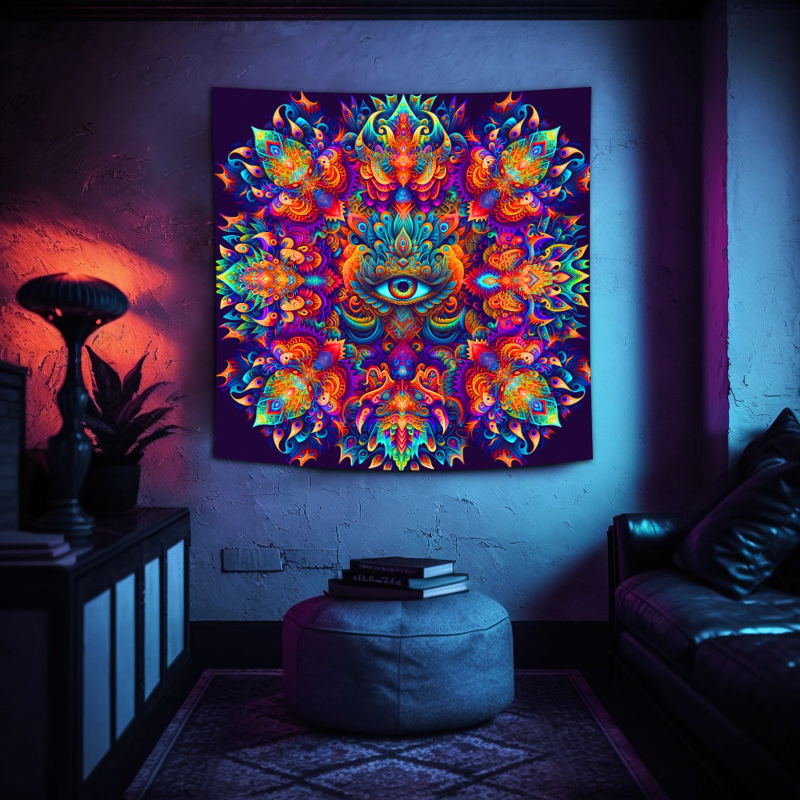 UV Reactive Mandala Tapestry: Psychedelic Eye Fractal Art - Etsy