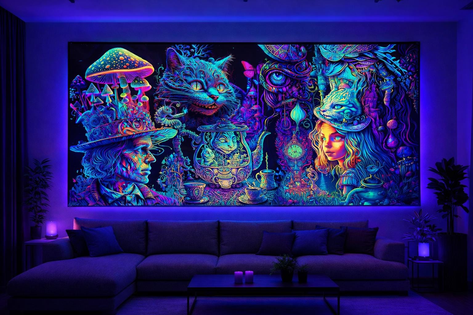 Alice in Wonderland Tapestry: Psychedelic UV Blacklight Glowing
