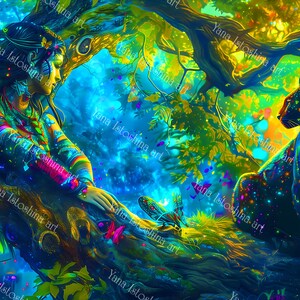 May include: A woman with long dark hair sits on a tree branch in a colourful, psychedelic forest. She is wearing a colourful patterned shirt and a headband. A black panther with a starry pattern sits on a branch below her. The background is a vibrant mix of green, blue, and yellow.