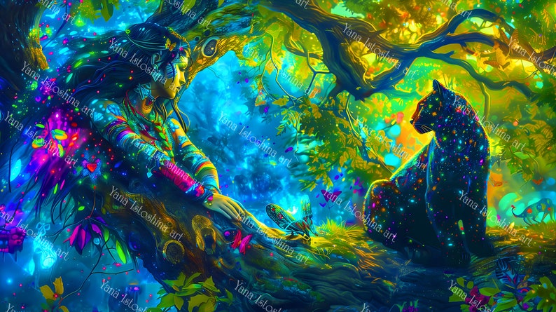 May include: A woman with long dark hair sits on a tree branch in a colourful, psychedelic forest. She is wearing a colourful patterned shirt and a headband. A black panther with a starry pattern sits on a branch below her. The background is a vibrant mix of green, blue, and yellow.