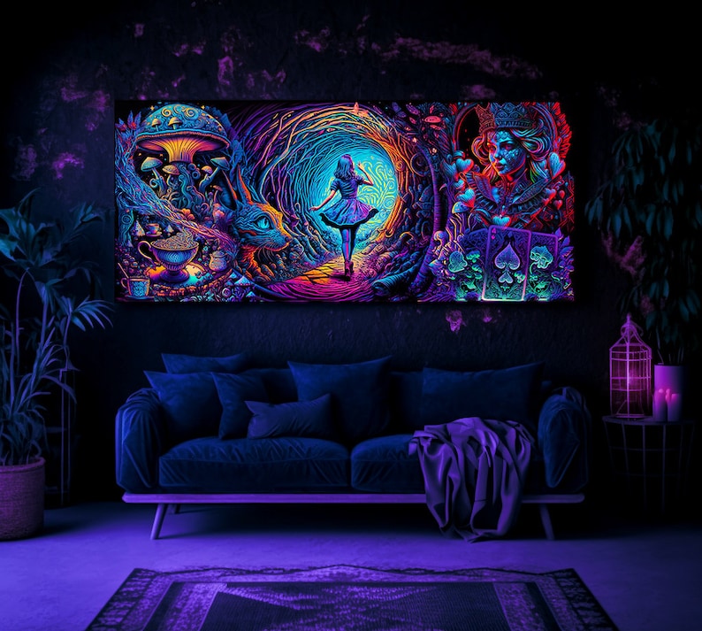 Tapisserie à Lumière Noire Réactive Aux UV Qui Brille Dans Le Noir Suspendu Tapisserie Art Mural Pour Salon Chambre P9640483