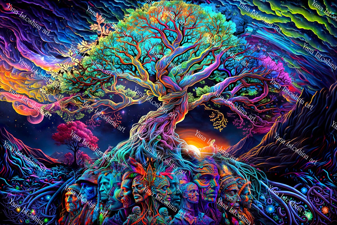 サイケデリックな世界樹タペストリー：UV反応性祖先ブラックライト