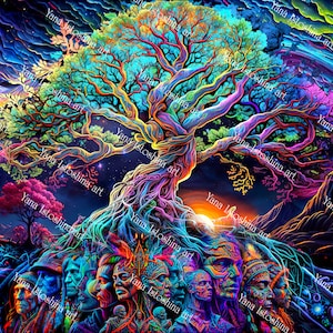 Psychedelischer UV-reaktiver Wandbehang - Ahnen in den Wurzeln des Weltenbaums | Leuchtende Visionäre Kunst Landschaft Schwarzlicht Reaktive Wand Dekoration