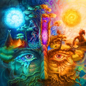 UV-reaktiver Shamanic Psychedelic Backdrop | Visionäre Kunst Leuchtender Wandteppich, Tag und Nacht Wandkunst | Auf Schwarzlicht reagierendes mystisches Dekor