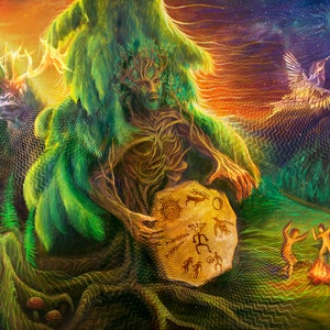 Shamanic painting with forest spirit | Psychedelic Visionary Art | Spiritual art with green man