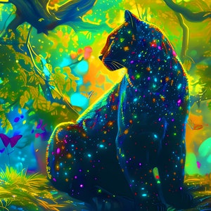 May include: A black panther with a colourful, starry pattern sits in a vibrant, green and yellow forest. The panther is surrounded by glowing butterflies and other fantastical creatures.