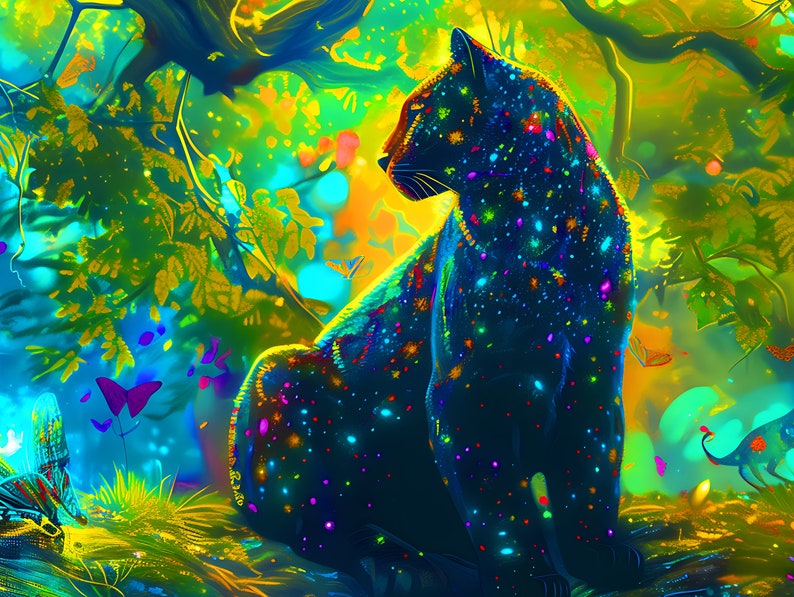 May include: A black panther with a colourful, starry pattern sits in a vibrant, green and yellow forest. The panther is surrounded by glowing butterflies and other fantastical creatures.