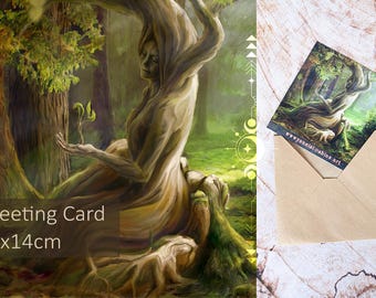 Cartão de felicitações Tree Spirit: Impressão artística Nature Guardian com envelope Kraft