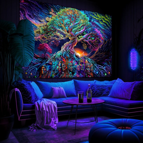 Tapisserie Arbre De Vie Phosphorescente 130x150 Cm - Réagit à La Lumière Noire/UV - Décoration Murale Galaxie, Chambre, Salon