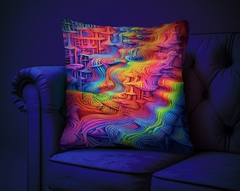 Opart Psychedelic UV Reaktiver Kissenbezug |  | Hippie Kissen | Trippy Neon leuchtendes Kissen | Fantasy Kissen mit abstrakten flüssigen Fraktalen