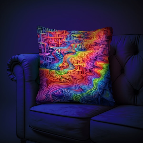 Opart Psychedelic UV Reactive Pillow Case |  | Hippie Cushion | Trippy Neon Glowing Cushion | Fantasy cushion with Abstract Liquid Fractals