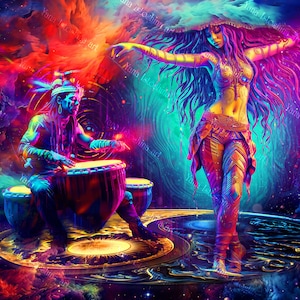 踊る部族の女性と打楽器を演奏する男性が描かれたサイケデリックな UV 反応性タペストリー | 先見性のあるスピリチュアル アートの背景