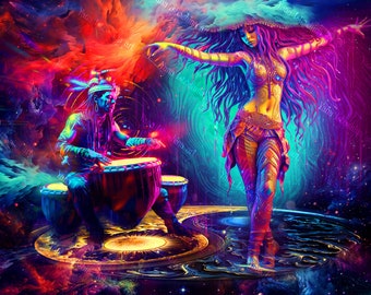UV Reactive Tapestry: Psychedelic Tribal Dance, Visionary