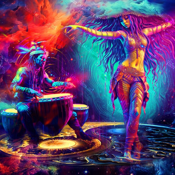 Psychedelic UV reactive tapestry with dancing tribal woman and a man playing percussion drums | Visionary Spiritual Art Backdrop